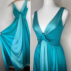 Vintage 70s Negligee Nightgown Maxi Empire Waist Sleeveless Teal Stretch Small